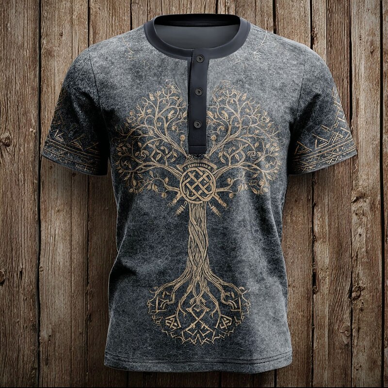 Men's Graphic Tree T Shirt Henley Shirt Short Sleeve Viking Designer Retro Vintage Street Casual Daily Summer Spring All Seasons Blue Green khaki Grey Henley Henley T-Shirt4