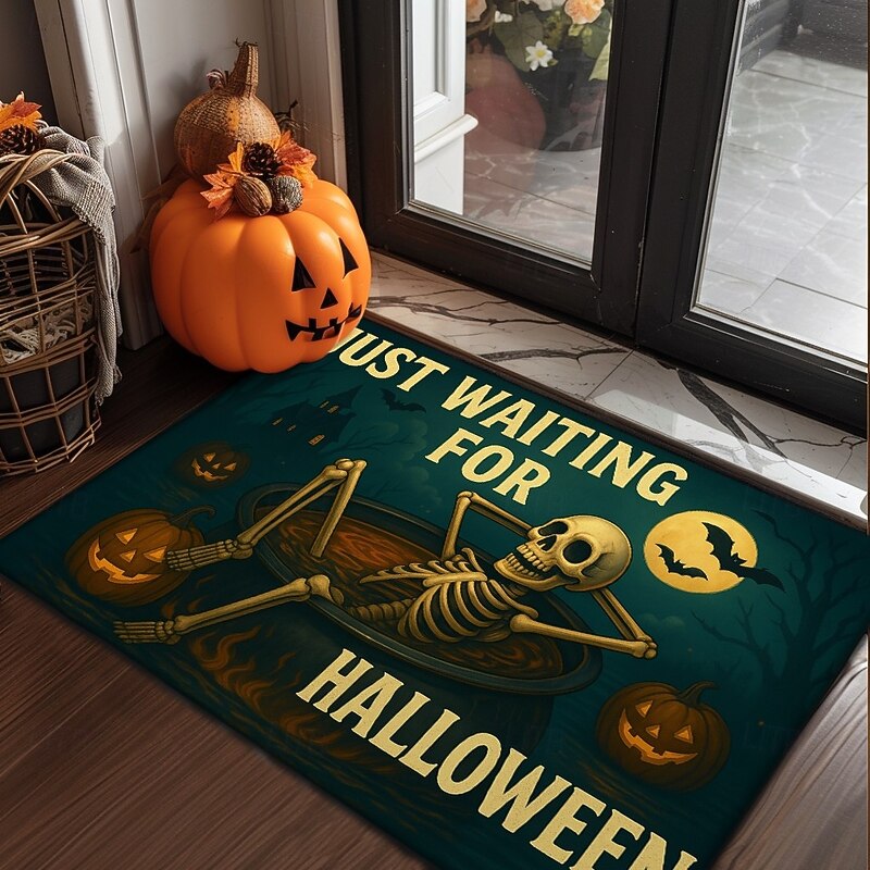 Halloween Indoor Outdoor Doormat Kitchen Mat Funny Skeleton Waiting for Halloween, Non-Slip Front Door Mat for Porch, Entryway, Patio, Bedroom, Bathroom and 2025 Halloween Home Decoration3