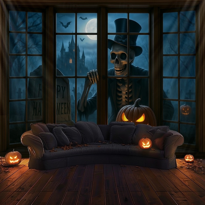 Halloween Window Scene Wall Tapestry Backdrop – Creepy Skeleton in Top Hat Outside Gothic Mansion Window with Full Moon, Pumpkins, and Bats, Spooky Indoor Party 2025 Halloween Decoration