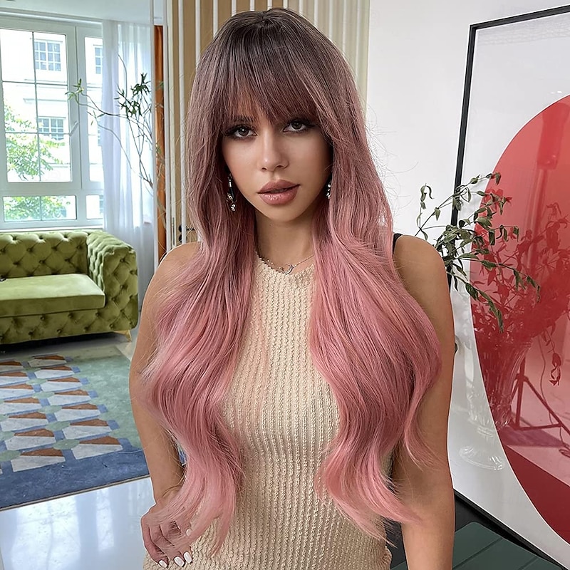 Pink Wig With Bangs Ombre Pink Wigs For Women Long Wavy Wigs Cute Pink Light Cosplay Party Wig Heat Resistant Dark Roots Natural Looking3