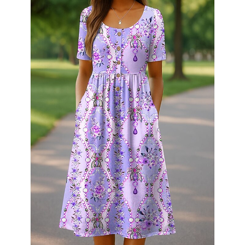 Women's Midi Dress Casual Dress Sundress A Line Dress Summer Dress Vacation Casual Beach Holiday Loose Fit Floral Graphic Short Sleeve Crew Neck Pink Blue Purple Green Summer Fall4