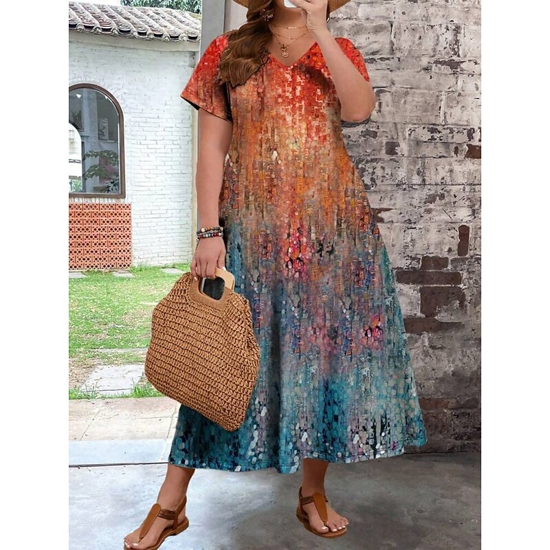 Women's Plus Size Casual Dress Ombre V Neck Short Sleeve Summer Spring Fashion Modern Casual Maxi long Dress Holiday Weekend Dress3