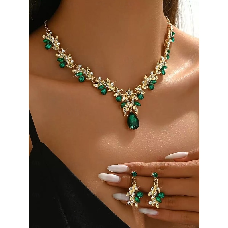 Women's Gold Rhinestone Jewelry Set with Teardrop Pendant - Elegant Leaf Design Necklace and Dangle Earrings for Brides, Wedding Guests, and Formal Evening Events2