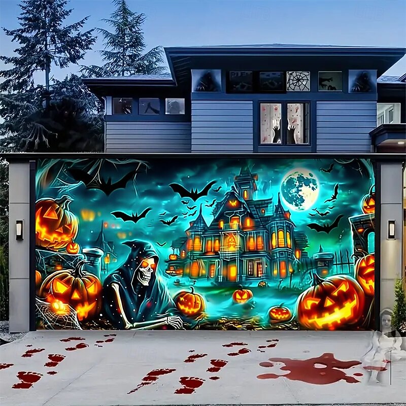 Halloween Garage Door Cover Haunted House with Pumpkins Banner, Large Tapestry Backdrop Decoration for Holiday Outdoor Garage Door and Home Wall, 2025 Halloween Decorations4