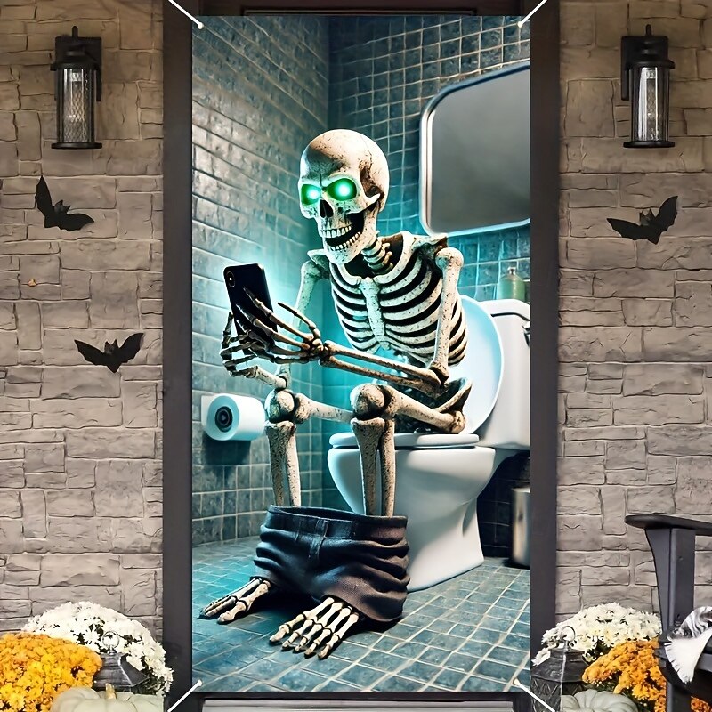2D Door Banner 1pc Halloween Skull Bathroom Door Banner Multipurpose Polyester Party Decoration Haunted House Horror Theme No Electricity Needed with Indoor & Outdoor Use for Photo Booth