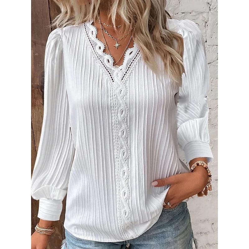Women's Lace Shirt Solid Color Elegant Stylish Basic Long Sleeve V Neck Regular Tops Daily Lace Patchwork White Red Purple Orange Green Summer Spring Fall