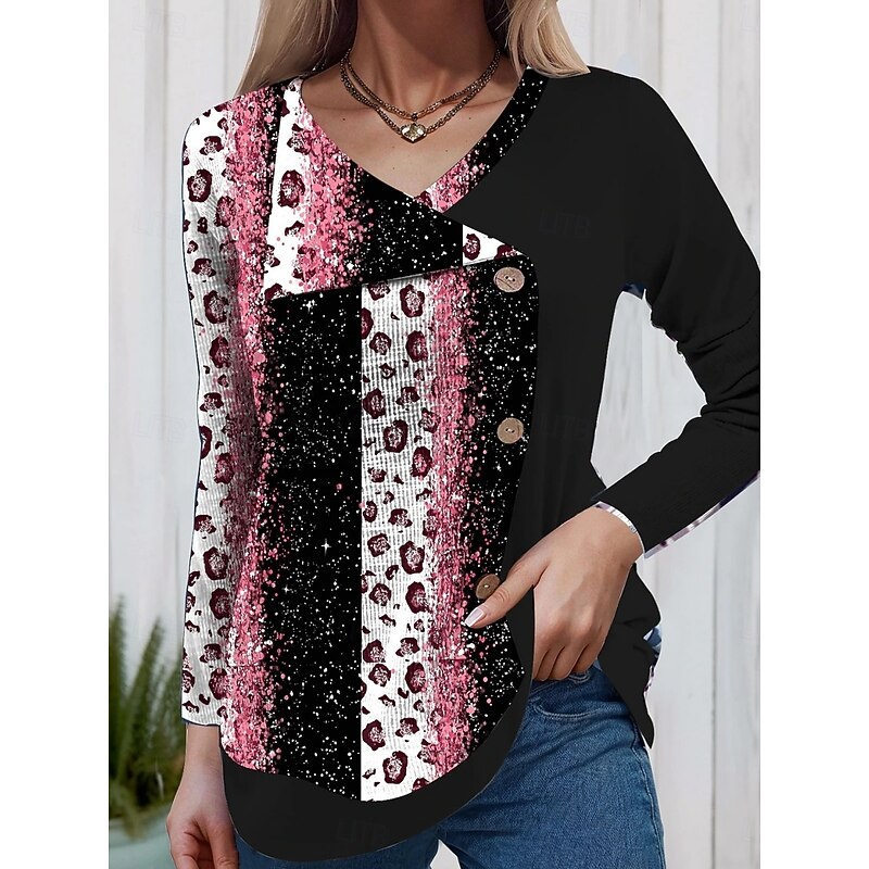 Women's Blouse Tunic V Neck Long Sleeve Buttons Geometric Stylish Casual Regular Tops Daily Pocket Print Black White Pink Spring Fall2