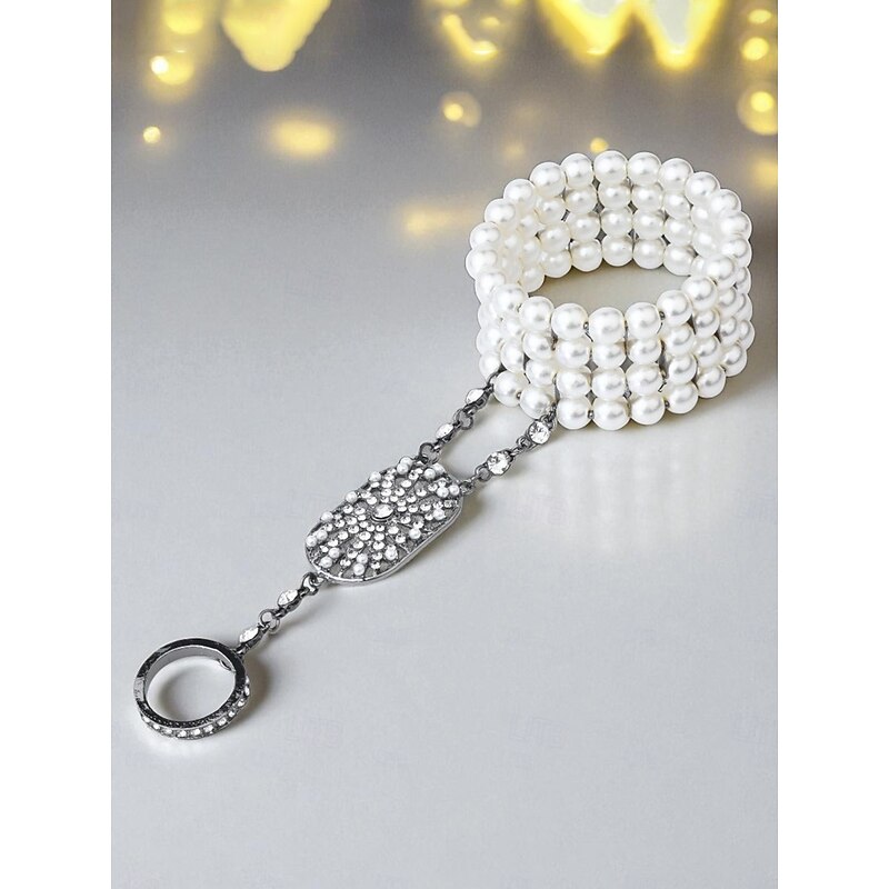 Women's Art Deco Pearl Hand Chain Bracelet Ring - 1920s Gatsby Style Jewelry with Rhinestones for Vintage Themed Parties4