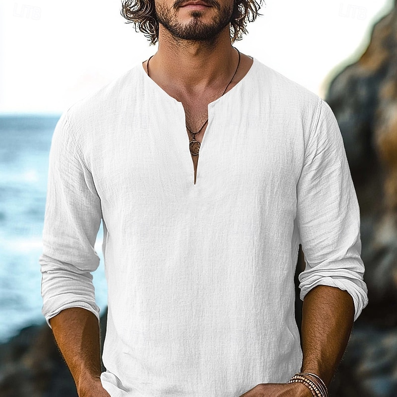 Men's Shirt Linen Shirt Summer Shirt Beach Shirt Solid Color Vacation Casual Black White Green Khaki Long Sleeve V Neck Summer Spring Clothing Apparel Basic2