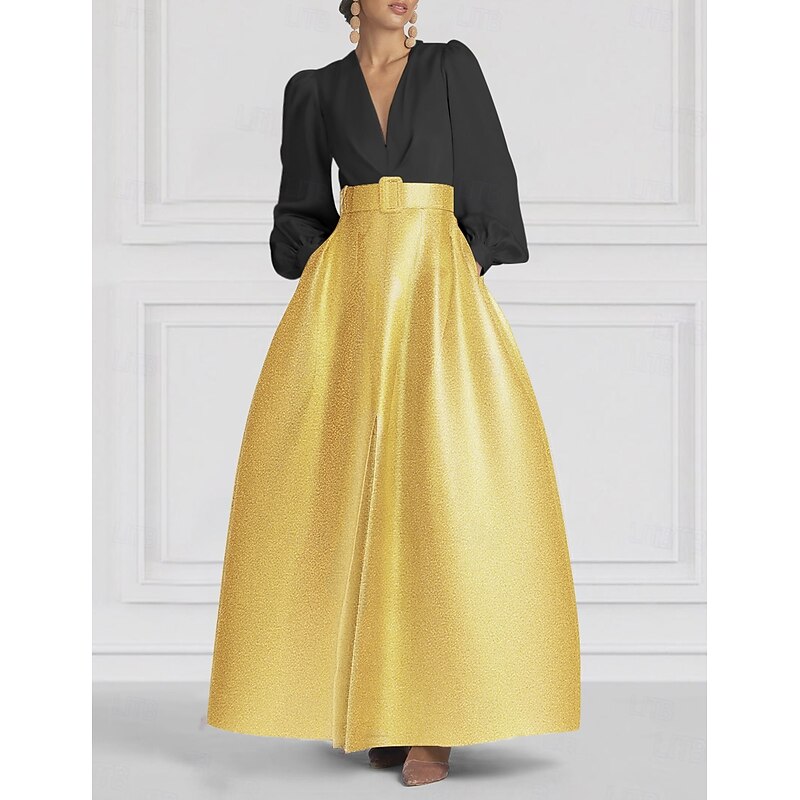 Black Tie Black and Gold A-Line Evening Gown Sparkle Jacquard Skirt with Belt Formal Wedding Floor Length Long Sleeve V Neck Satin with Slit Pocket
