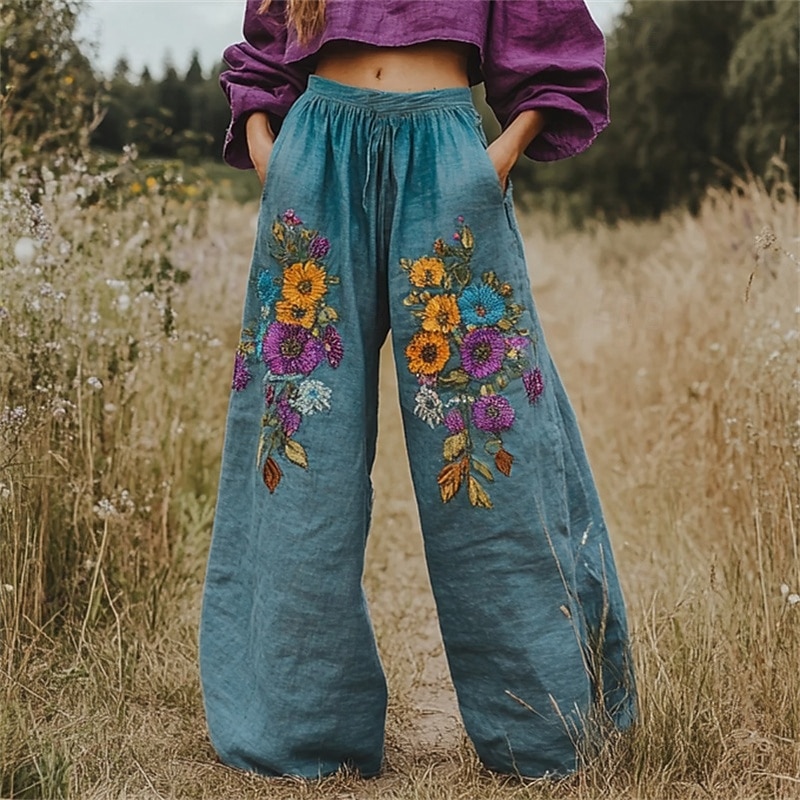 Women's Wide Leg Pants Trousers Palazzo Pants Vintage Boho Full Length High Waist Flower Elastic Waist Printing Breathability Comfortable Street Daily Wear Going out Blue Spring Fall Regular Fit