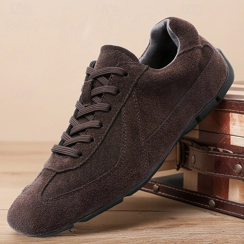Men's Dark Brown Suede Sneakers with White Rubber Sole, Stylish and Durable Cowhide Leather, Perfect for Casual Outings, Travel and Relaxed Events