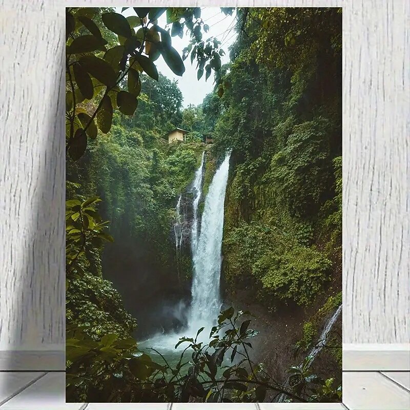 1 Frameless Canvas Art Print - Lush Forest Waterfall Scene With Mediterranean House - Modern Wall Decoration In Living Room Bedroom Dining Area - Vibrant Natural Inspiration Poster Large Canvas Wal4