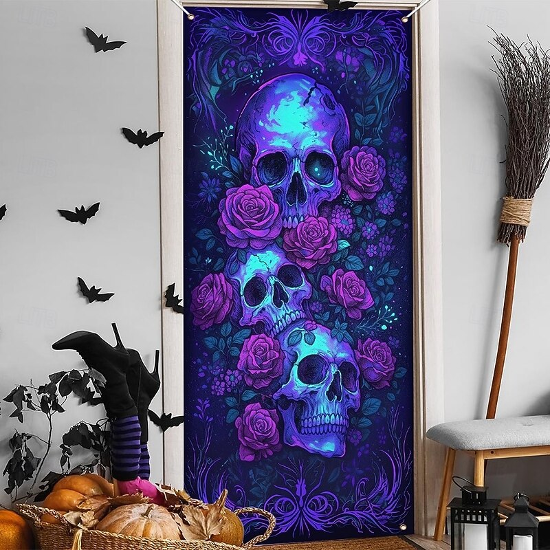 Halloween Door Cover Neon Skull and Roses Banner, Glowing Blacklight Entrance Decoration for Outdoor & Indoor 2025 Halloween Bedroom, Living Room, Bathroom2