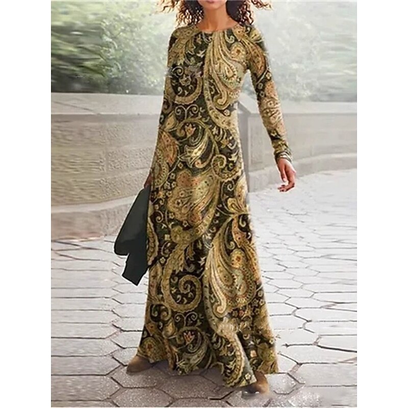 Women's Maxi Dress Vintage Bohemian A Line Dress Crew Neck Long Sleeve Casual Daily Regular Fit Graphic Paisley Abstract Yellow Blue Camel Spring Fall Winter Autumn3
