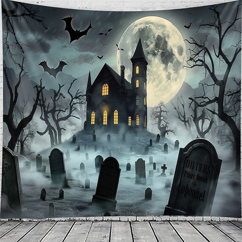 Halloween Haunted Graveyard Wall Tapestry – Full Moon with Flying Bats, Spooky Trees, Gothic Backdrop for 2025 Halloween Bedroom, Living Room, Horror Party Decoration