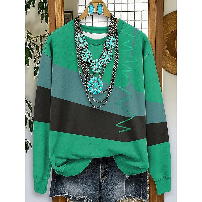Women's Sweatshirts Graphic Striped Casual Long Sleeve Crew Neck Regular Tops Street Dailywear Casual Print Red Blue Purple Green Fall Winter3