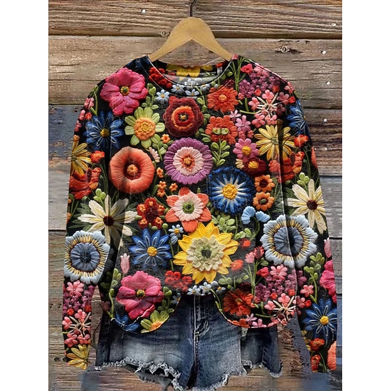 Women's Pullover Sweatshirt Floral Graphic Warm Active Vintage Long Sleeve Crew Neck Regular Tops Street Dailywear Casual Print Black Red Blue Purple Orange Spring Fall Winter2
