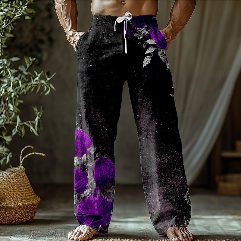 Men's Floral Print Rose Flowers Trousers Baggy Pants Casual Pants Mid Waist Retro Vintage Outdoor Vacation Holiday Drawstring Side Pockets Elastic Waist Summer Spring 3D Print Red Blue Purple3
