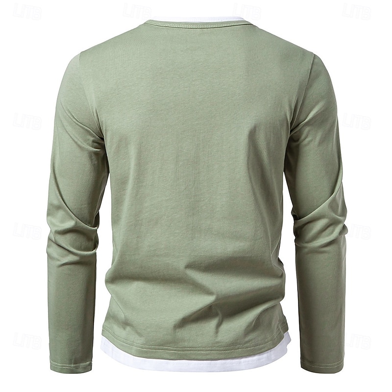 Men's 100% Cotton T Shirt Long Sleeve Crew Neck All Seasons Solid Color Knitwear Daily Casual Fake two piece Outdoor Vacation Home Black Brown Green Top Tee for Men4