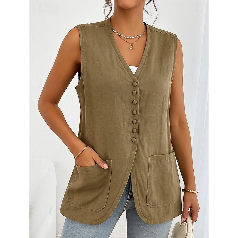 Women's Vest Comfortable Breathable Pocket Buttons Casual Plain Vacation Street Casual Daily Wear Single Breasted Short V Neck Regular Fit Sleeveless Outerwear White Khaki Beige Summer Spring3