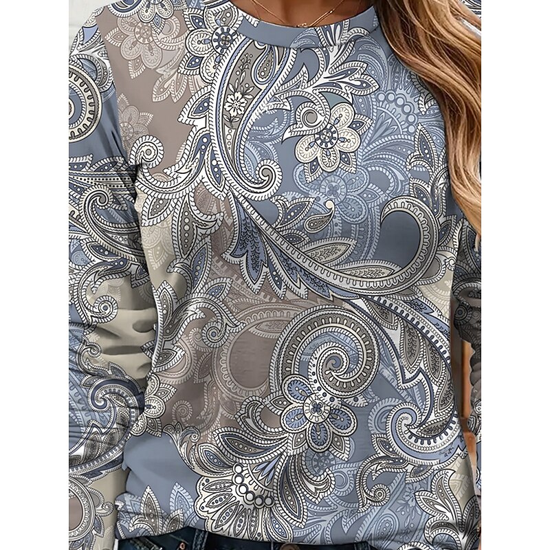 Women's T shirt Long Sleeve Crew Neck Long Sleeve Tunic Graphic Paisley Vintage Stylish Basic Round Neck Regular Tops Daily Weekend Print Yellow Pink Blue Purple Green Spring, Fall, Winter,  Prefall3