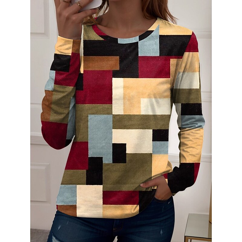 Women's T shirt Crew Neck Long Sleeve Tunic Graphic Geometric Vintage Stylish Modern  Regular Tops Daily Weekend Print Red Blue Brown Fall3