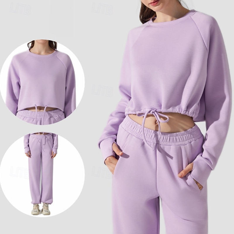 Women's Lounge Sweatsuit Pullover Sweatsuit Fall Drawstring Solid Color Clothing Suit Black Blue Outdoor Running Yoga High Waist Lightweight Softness Warm Long Sleeve Sport Activewear Loose Fit