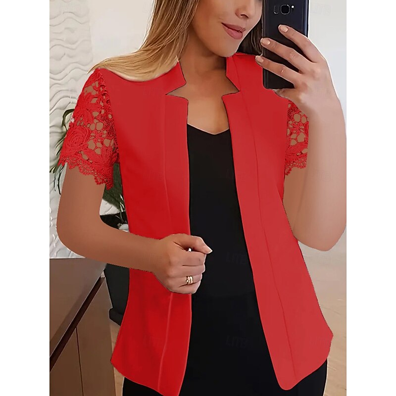 Women's Blazer Comfortable Breathable Lace Fashion Modern Plain Work Daily Regular Stand Collar Regular Fit Short Sleeves Outerwear Black White Pink Summer4