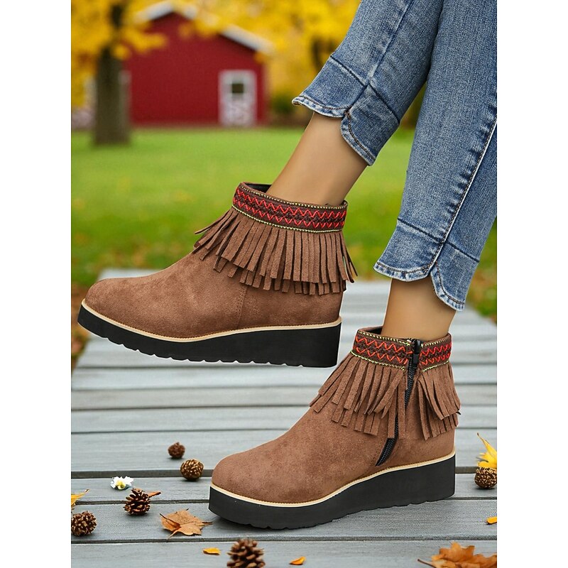 Women's Brown Faux Suede Fringe Wedge Ankle Boots – Western Style Casual Shoes for Garden Strolls, Fall Festivals & Farm Days