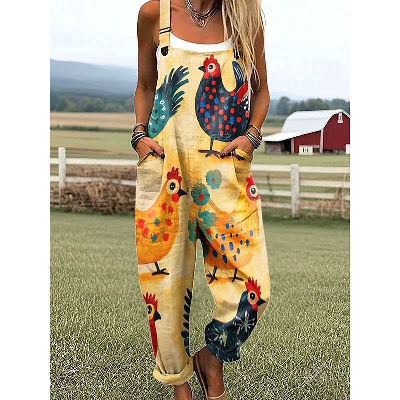 Women's Dungarees Active Graphic Sleeveless Print Vacation Street Loose Fit Yellow Pink Blue Summer