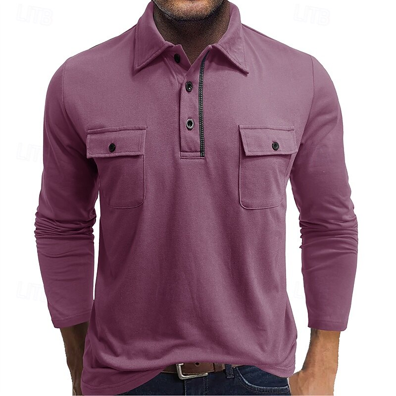 Men's Golf Shirt Golf Polos Shirts Work Casual Lapel Long Sleeve Basic Modern Plain Buttons Spring Fall Regular Fit Black Navy Blue Blue Rose Military Green Gray Golf Shirt