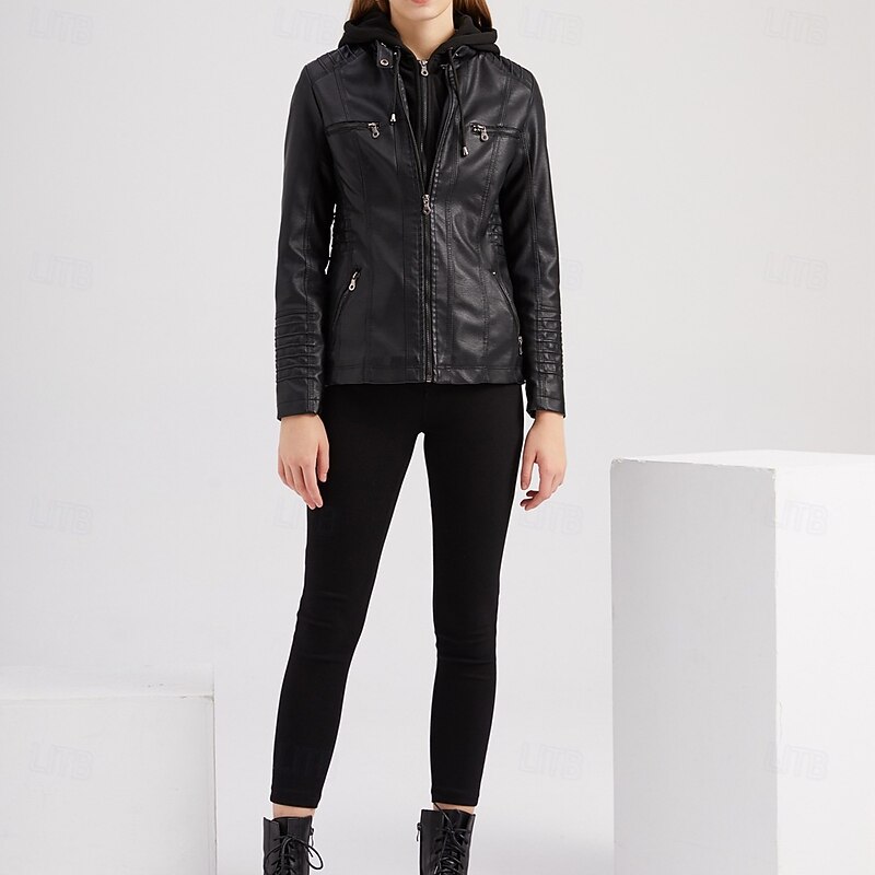 Women's Faux Leather Jacket Comfortable Pocket Full Zip Fashion Street Style Plain Outdoor Casual Daily Regular Hooded Regular Fit Long Sleeve Outerwear Black White Red Spring Fall2