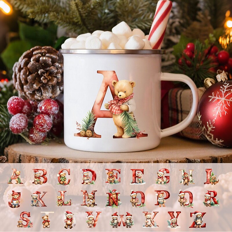 Personalized Christmas Enamel Mug 350ml, Custom Holiday Letter Mug for Friend, Family or Lover, Festive Christmas Cup Gift, Vintage Camping Style Tableware for Holiday Decoration