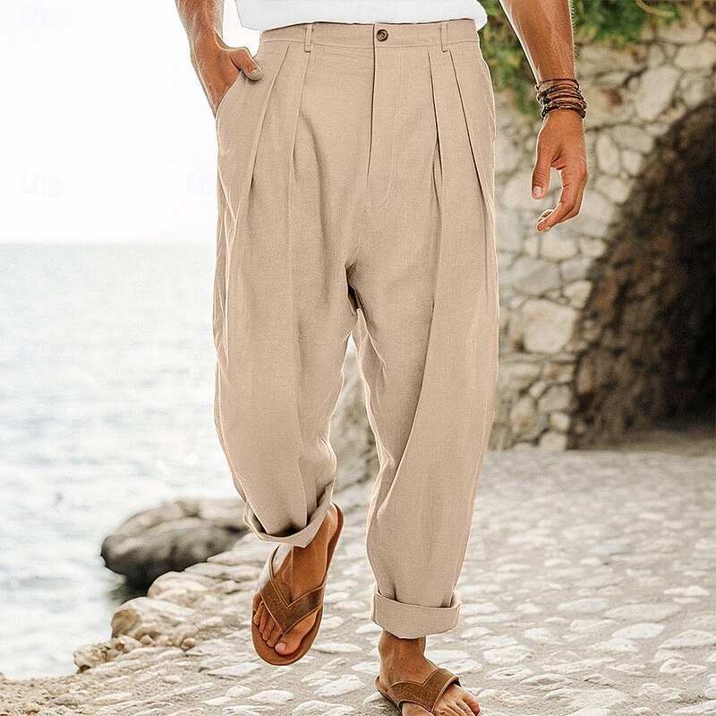 Men's Linen Pants Trousers Summer Pants Pleated Straight Leg Plain Comfort Breathable Full Length Outdoor Casual Daily Vacation Fashion Loose Fit Black White High Waist Micro-elastic