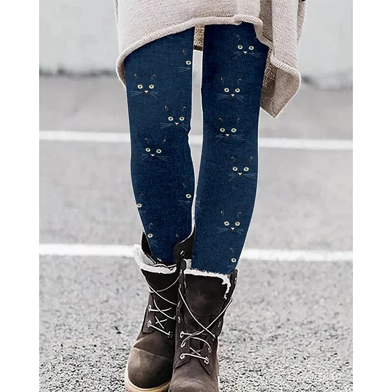 Women's Pants Trousers Leggings Cozy Leggings Streetwear Casual Full Length High Waist Cat Elastic Waist Print Breathability Comfortable Stretchy Vacation Street Daily Wear Black Pink Navy Blue2