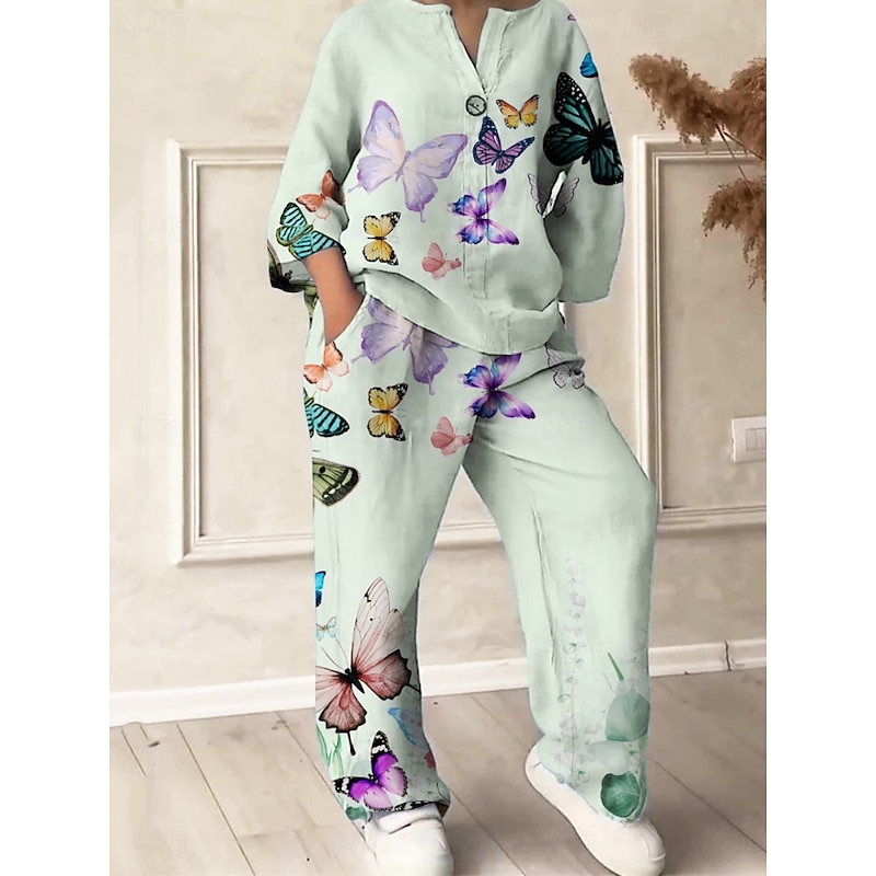 Women's Active Fashion Pants Sets Long Sleeve V Neck Butterfly Print Vacation Daily Holiday Black White Red Summer Regular Fit4