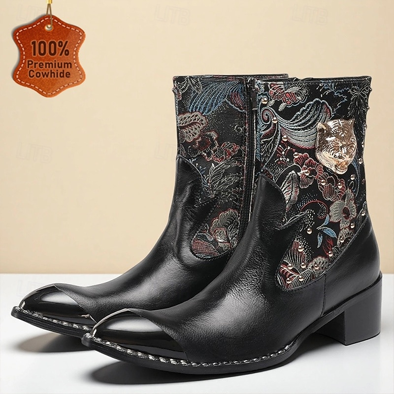 Men's Black Cowhide Western Biker Boots with Floral Embroidery and Metal Toe, Retro Cowboy Style for Motorcycle Riding, Country Events and Festival Fashion