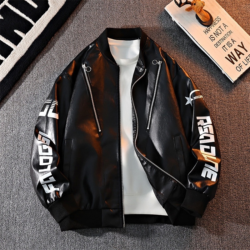Men's Faux Leather Jacket Biker Jacket Motorcycle Jacket Vacation Daily Windproof Warm Pocket Fall Winter Letter Fashion Classic Stand Collar Regular Black White Red Jacket