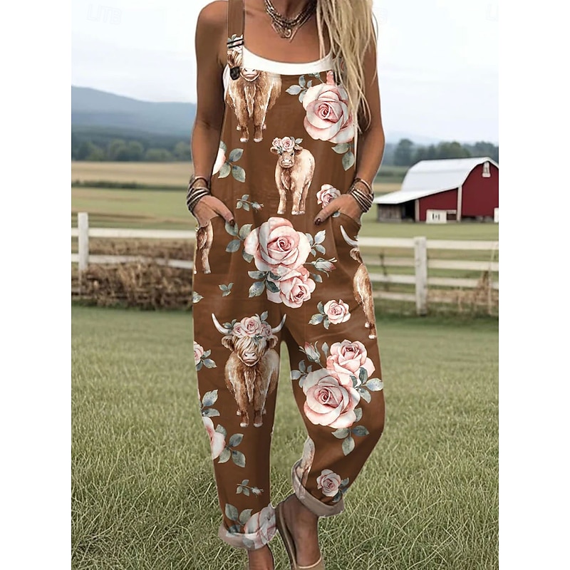 Women's Dungarees Active Floral Sleeveless Drawstring with Pocket Vacation Daily Loose Fit White Red Purple Summer3