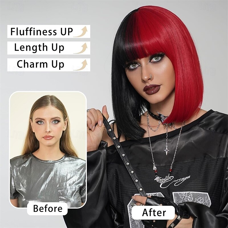 Half Red Half Black Wigs with Bangs 14 Inch Short Straight Bob Synthetic Heat Resistant Wig for Women Halloween Cosplay Party Wig  Halloween Cosplay Party Wigs3