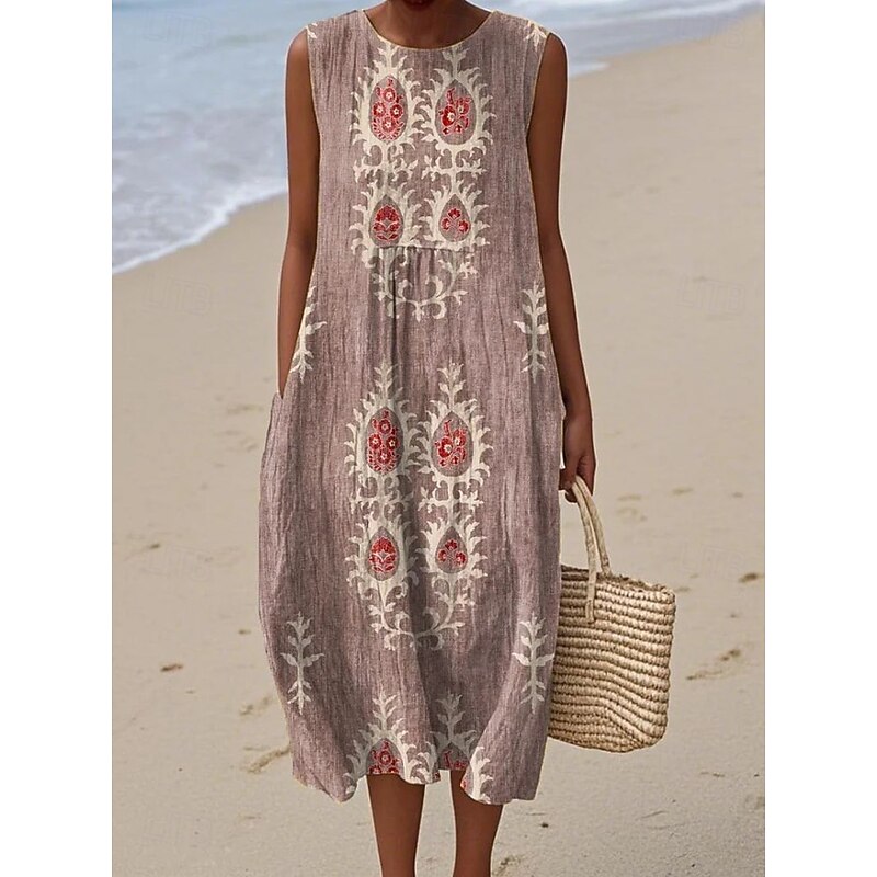 Women's Midi Dress Sundress Shift Dress A Line Dress Vacation Casual Boho Going out Beach Loose Fit Floral Graphic Geometric Sleeveless Crewneck Pink Red Blue Orange Summer Spring3