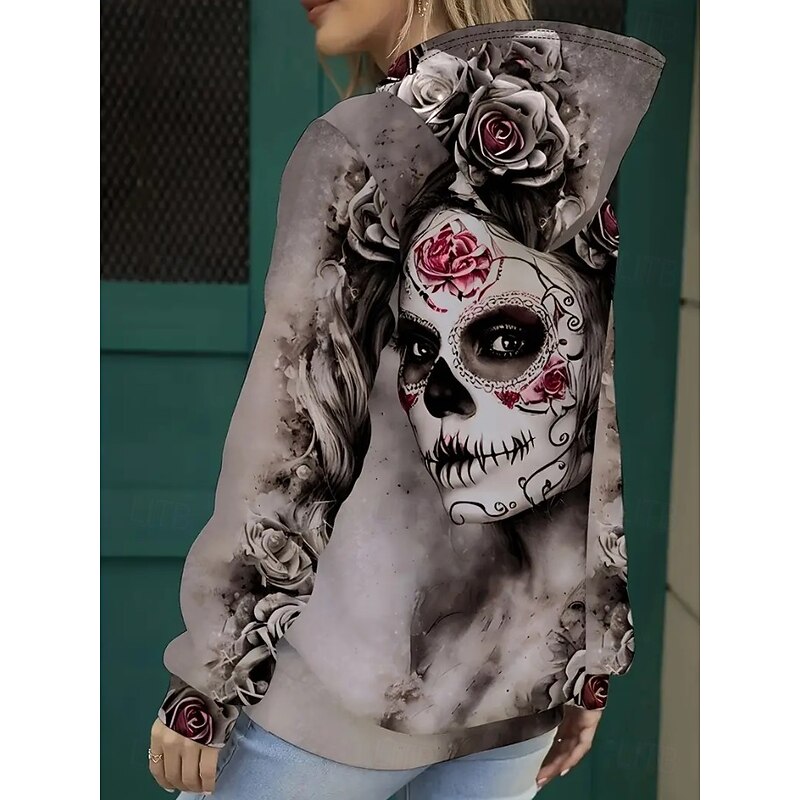 Halloween Women's Hoodie Pullover Sweatshirt Oversized Long Sleeve Casual Skulls Graphic Abstract Fashion Print Hooded Regular Tops Street Dailywear Drawstring Print Brown Khaki Dark Blue Fall Winter3