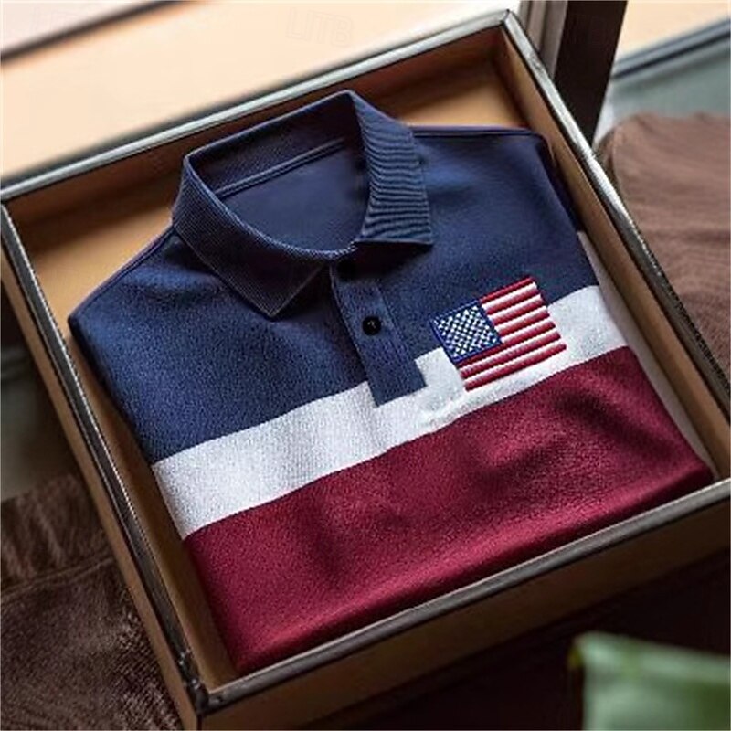 Men's Golf Shirt Golf Polos Shirts Work Casual Lapel Short Sleeve Basic Modern Color Block National Flag Patchwork Buttons Summer Spring Regular Fit Navy Blue Golf Shirt