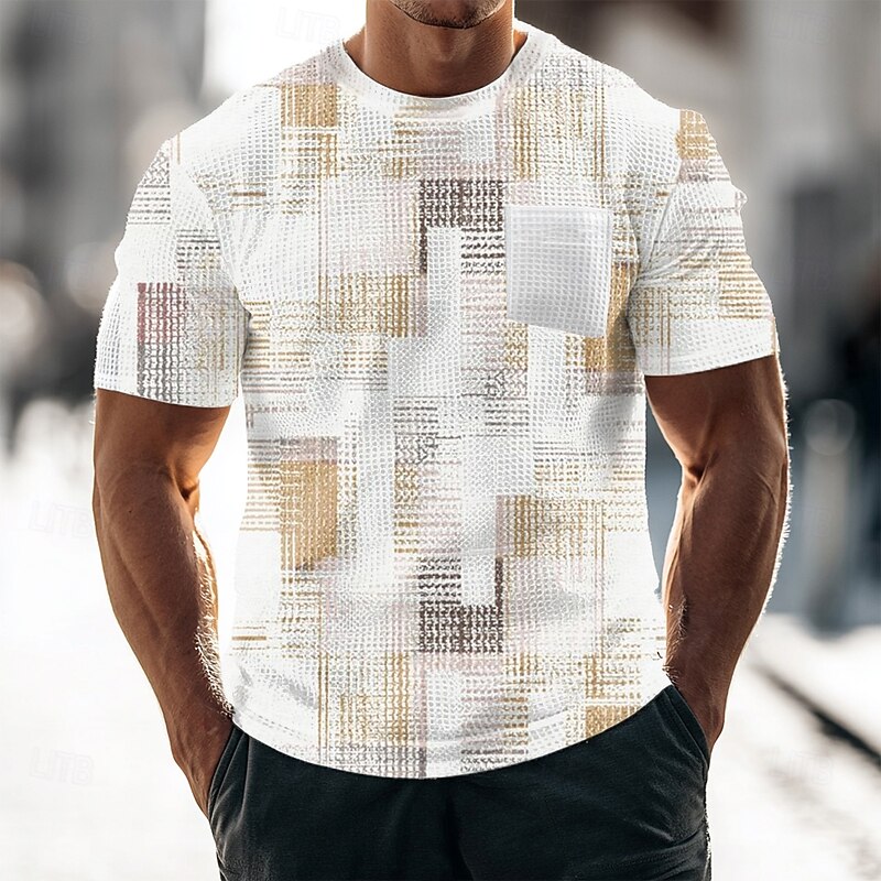 Men's Geometric Abstract Waffle Shirt Short Sleeve T shirt 3D Print Crew Neck Shirt Fashion Daily Designer Street Casual Daily Red Blue Green Summer Spring Clothing Apparel S M L XL XXL XXXL