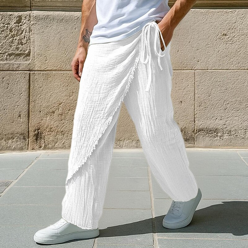 Men's Linen Pants Trousers Summer Pants Drawstring Elastic Waist Straight Leg Solid Color Plain Comfort Breathable Full Length Outdoor Casual Daily Vacation Fashion White Brown Inelastic2