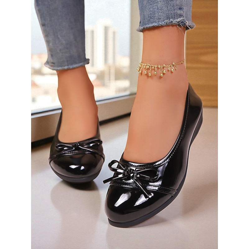 Women's Red Patent Leather Ballet Flats with Bow - Classic Round Toe Slip-On Dress Shoes for Teens and Ladies, Ideal for School, Work, and Everyday Casual Outfits