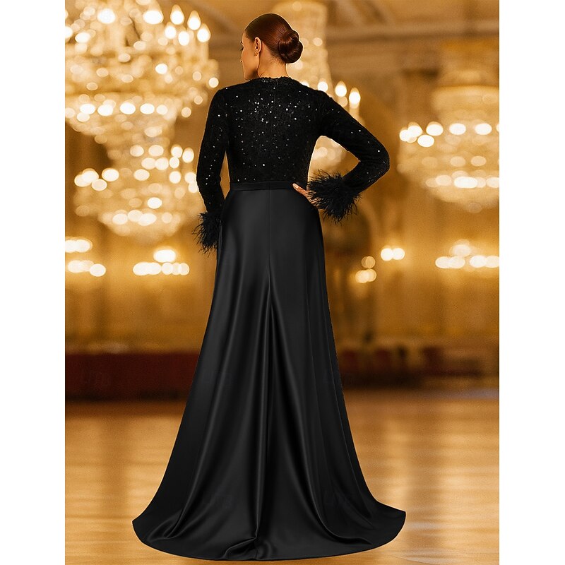 A-Line Evening Gown Sequin Elegant Dress Formal Wedding Floor Length Long Sleeve Crew Neck Pocket Satin with Feather Pocket2