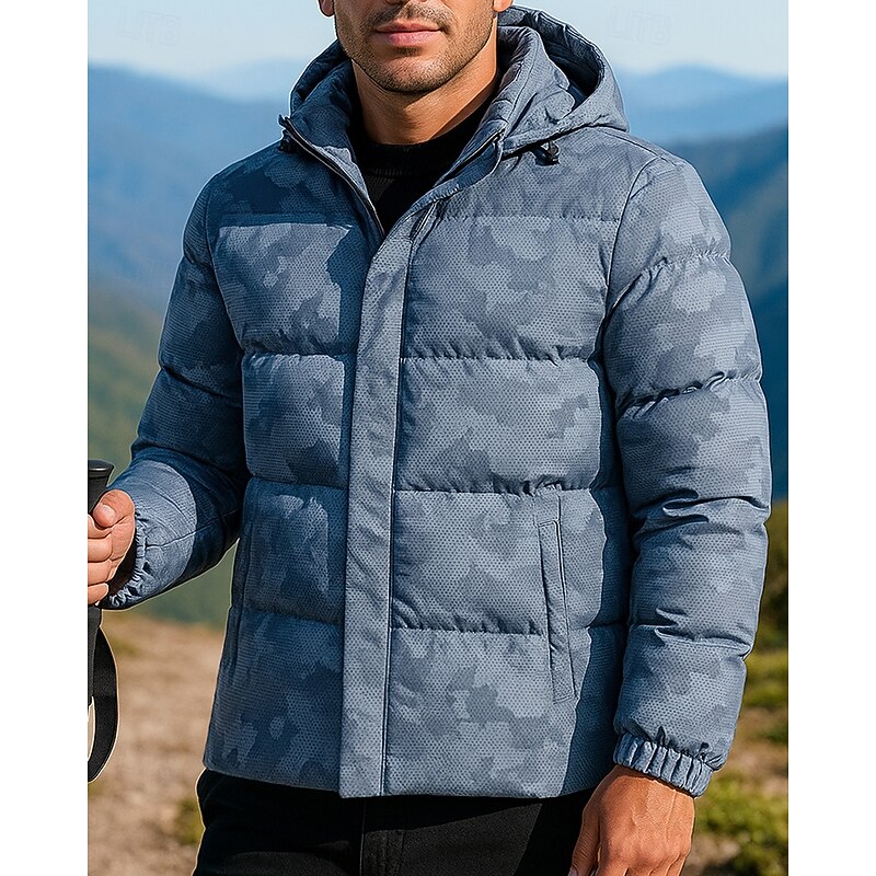 Men's Puffer Jacket Outdoor Thermal Warm Hiking Outfits Hiking Clothes Winter Autumn / Fall Top Camping / Hiking / Caving Running Printing Black Blue Grey