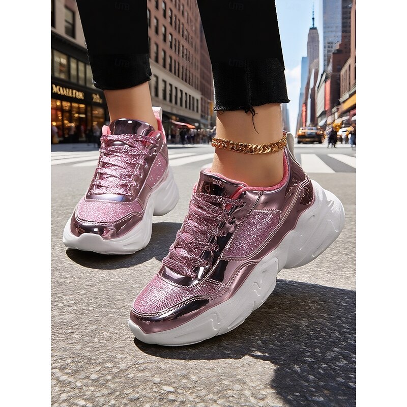 Women's Glitter Chunky Platform Sneakers with Metallic Finish, Fashion Lace-Up Party Shoes for Nightlife and Club Outfits